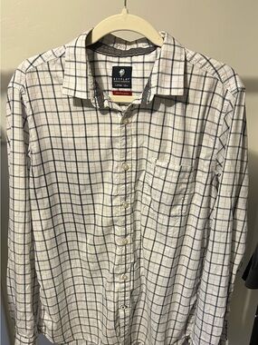 Men's White and Navy Plaid Casual Button-Down Shirt